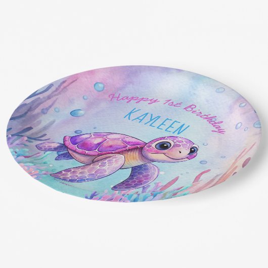 海の下でかわいい亀のピンク紫の誕生日 ペーパープレート (アングル)