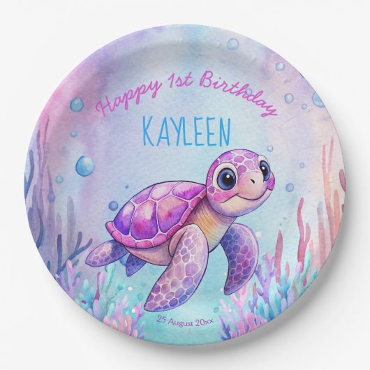 海の下でかわいい亀のピンク紫の誕生日 ペーパープレート (正面)