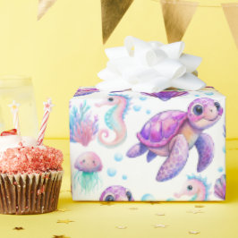 海の下でかわいい亀のピンク紫の誕生日 ラッピングペーパー