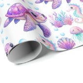 海の下でかわいい亀のピンク紫の誕生日 ラッピングペーパー (ロールコーナー)