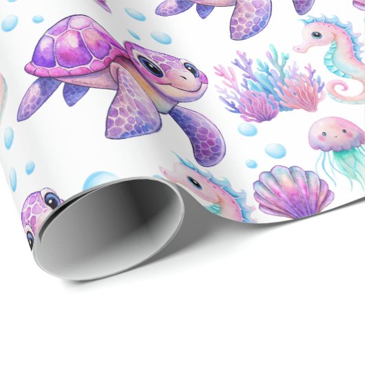 海の下でかわいい亀のピンク紫の誕生日 ラッピングペーパー (ロールコーナー)