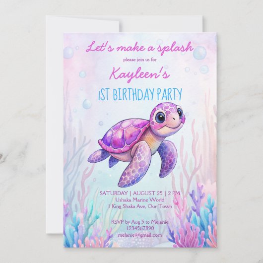 海の下でかわいい亀のピンク紫の誕生日 招待状 (正面)