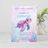 海の下でかわいい亀のピンク紫の誕生日 招待状 (スタンド正面)