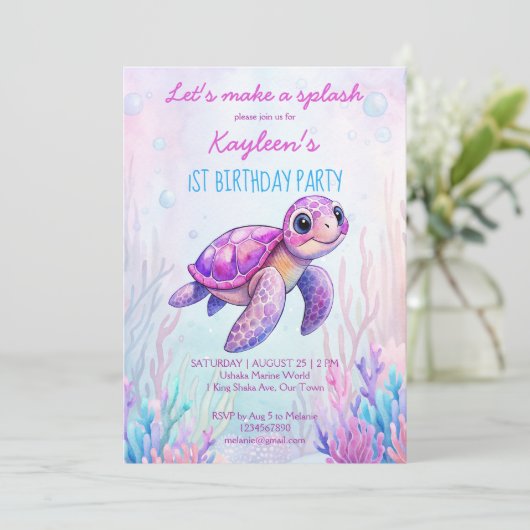 海の下でかわいい亀のピンク紫の誕生日 招待状 (スタンド正面)