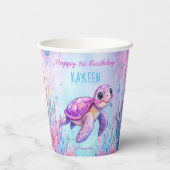 海の下でかわいい亀のピンク紫の誕生日 紙コップ (裏面)
