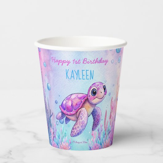 海の下でかわいい亀のピンク紫の誕生日 紙コップ (正面)