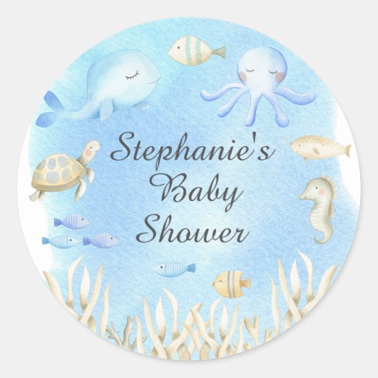 海の下でかわいい男の子の赤ちゃんシャワー ラウンドシール (正面)