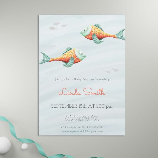 海の下でかわいい魚のニュートラル双子の赤ちゃんシャワー 招待状