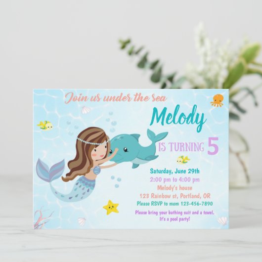 海の下でのイルカとマーメイドの誕生日の招待 招待状 (スタンド正面)