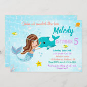海の下でのイルカとマーメイドの誕生日の招待 招待状 (正面/裏面)
