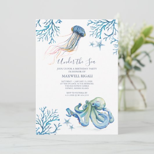 海の下での水彩誕生日パーティーの招待 招待状 (スタンド正面)