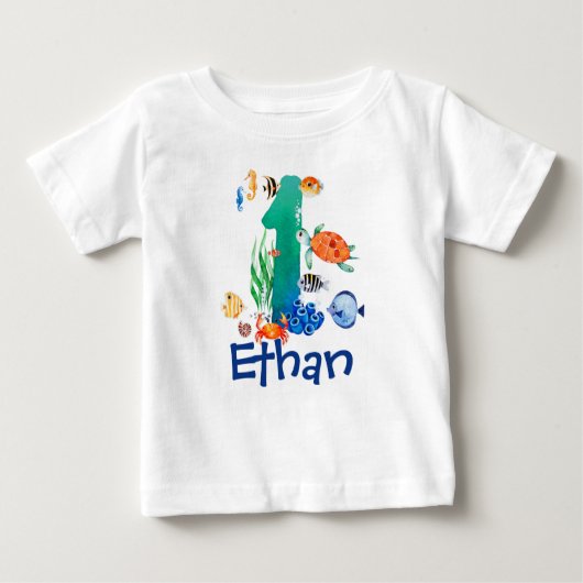 海の下での1歳の誕生日シャツ ベビーTシャツ (正面)