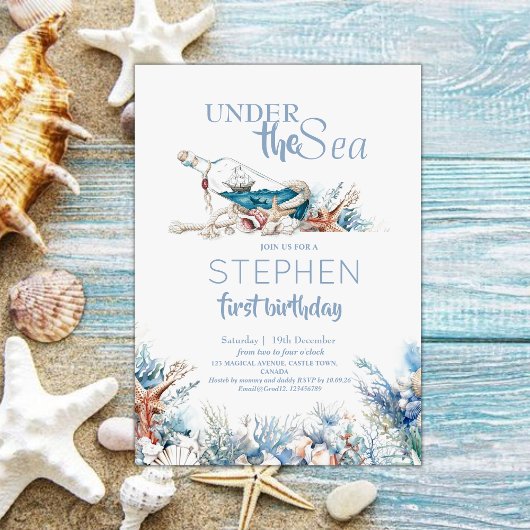海の下でほこりっぽい青かわいい第1の誕生日パーティー 招待状
