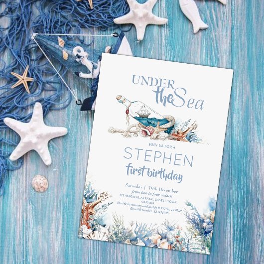 海の下でほこりっぽい青かわいい第1の誕生日パーティー 招待状
