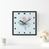 海の下でイルカに乗るかわいい人魚 スクエア壁時計 (ホーム)