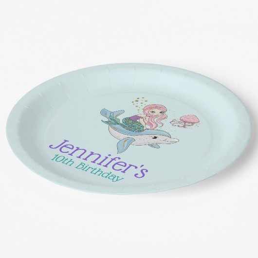 海の下でイルカに乗る人魚誕生日 ペーパープレート (アングル)