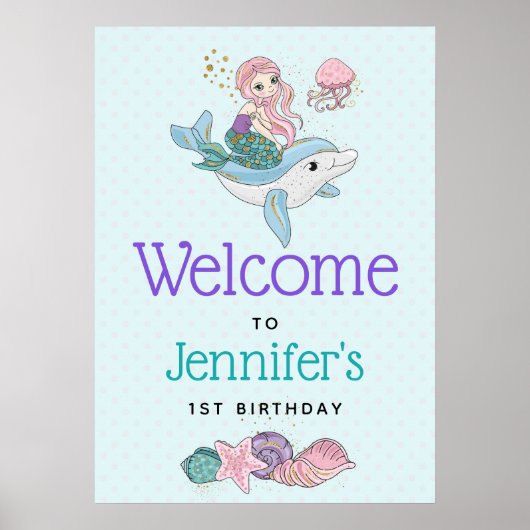 海の下でイルカに乗る人魚誕生日 ポスター (正面)