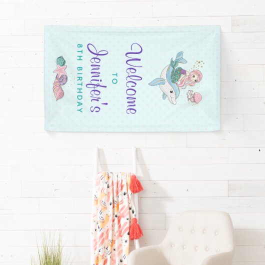 海の下でイルカに乗る人魚誕生日 横断幕 (インサイチュ)