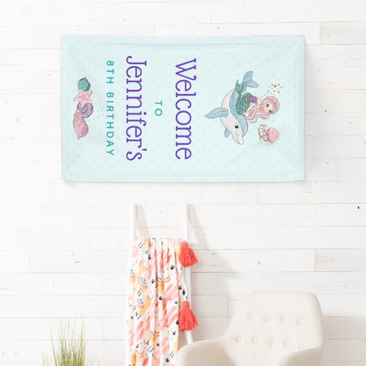 海の下でイルカに乗る人魚誕生日 横断幕 (インサイチュ)