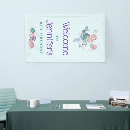 海の下でイルカに乗る人魚誕生日 横断幕 (トレードショー)