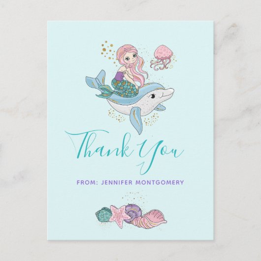 海の下でイルカに乗る人魚 ポストカード (正面)