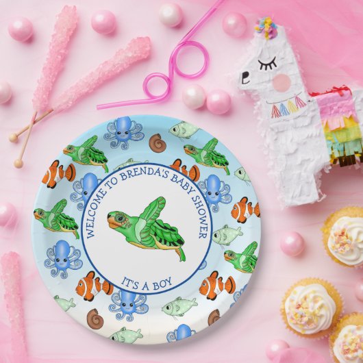 海の下でウミガメをテーマにした赤ちゃんシャワー ペーパープレート (パーティー)
