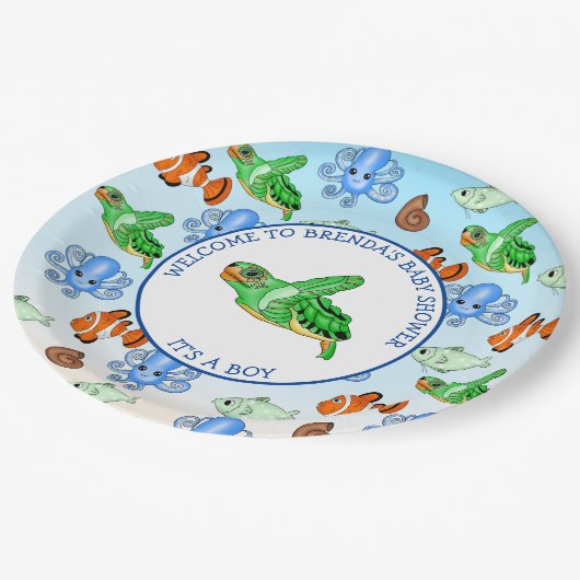 海の下でウミガメをテーマにした赤ちゃんシャワー ペーパープレート (アングル)