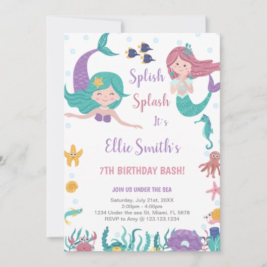 海の下でカスタマイズ可能な人魚 招待状 (正面)