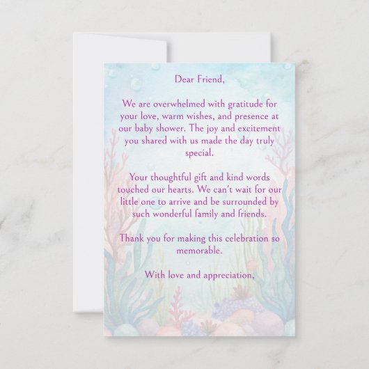 海の下でカートルピンク紫の赤ちゃんシャワー サンキューカード (裏面)