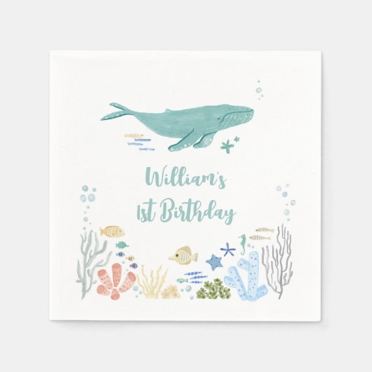 海の下でクジラ1歳の誕生日 スタンダードカクテルナプキン (正面)