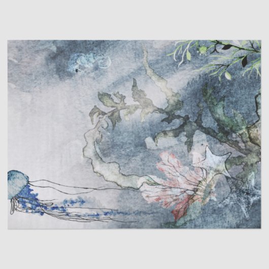 海の下でクラゲのサンゴの水彩組織P 薄葉紙 (正面)