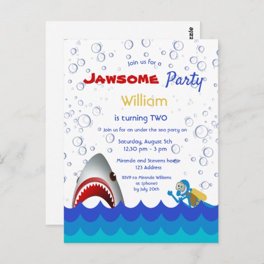 海の下でシャークの第2の誕生日パーティの招待状 ポストカード (正面/裏面)