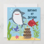 海の下でシャーク少年1歳の誕生日パーティー 招待状 (正面)