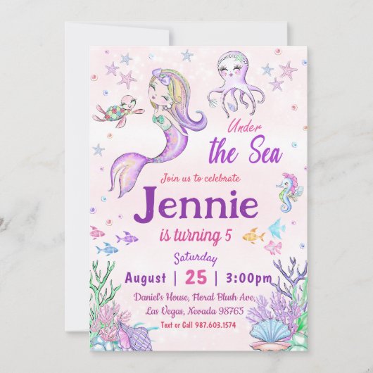 海の下でパーティー人魚の誕生日パーティー 招待状 (正面)
