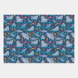 海の下でヒレ味のサメの誕生日パーティーの子供 ラッピングペーパーシート