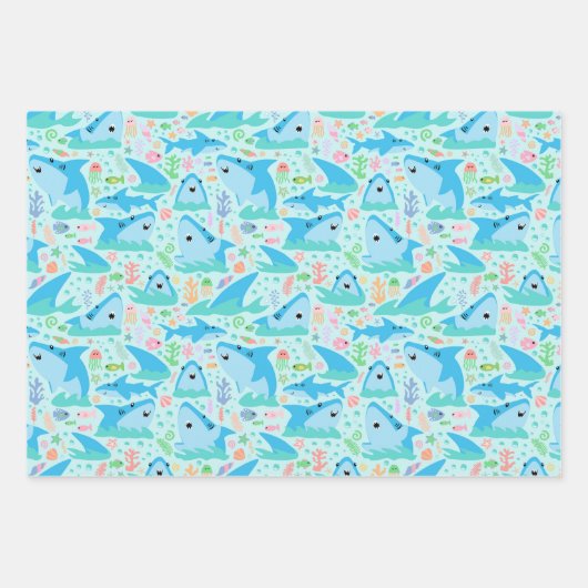 海の下でヒレ味のサメの誕生日パーティーの子供 ラッピングペーパーシート (正面2)