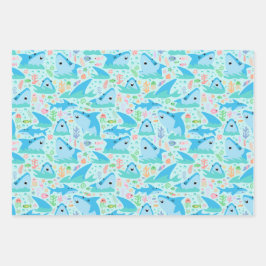 海の下でヒレ味のサメの誕生日パーティーの子供 ラッピングペーパーシート