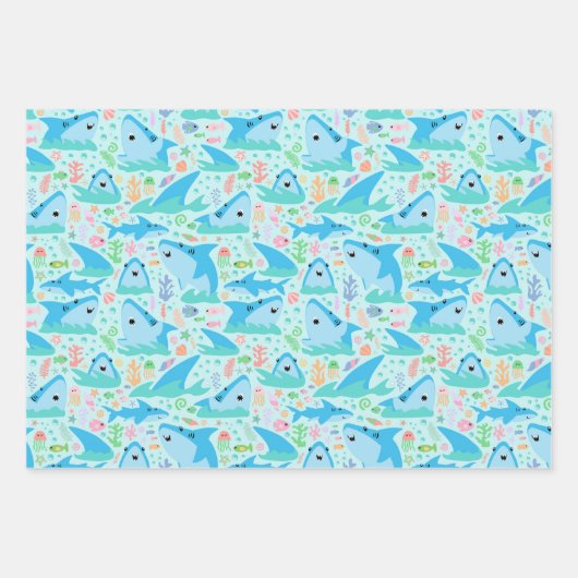 海の下でヒレ味のサメの誕生日パーティーの子供 ラッピングペーパーシート (正面)