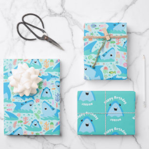 海の下でヒレ味のサメの誕生日パーティーの子供 ラッピングペーパーシート