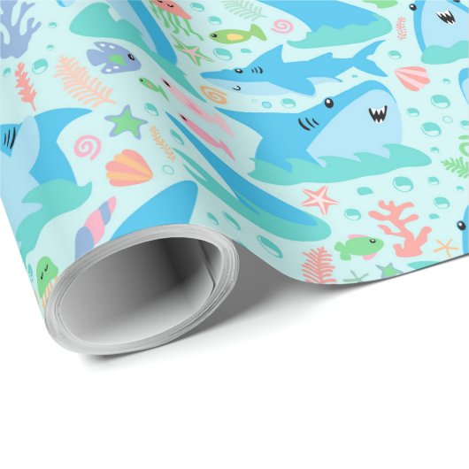 海の下でヒレ味のサメの誕生日パーティーの子供 ラッピングペーパー (ロールコーナー)