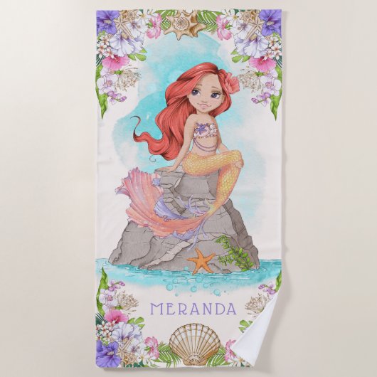 海の下でピンクと紫の人魚（赤毛） ビーチタオル (正面)
