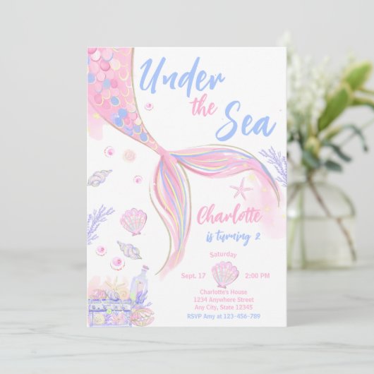 海の下でピンクの人魚の誕生日パーティー 招待状 (スタンド正面)