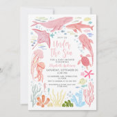 海の下でピンクの海のアニームス赤ちゃんシャワー 招待状 (正面)