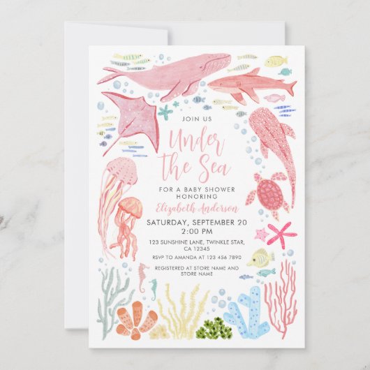 海の下でピンクの海のアニームス赤ちゃんシャワー 招待状 (正面)