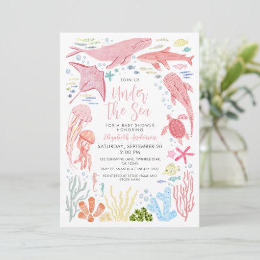 海の下でピンクの海のアニームス赤ちゃんシャワー 招待状 (スタンド正面)