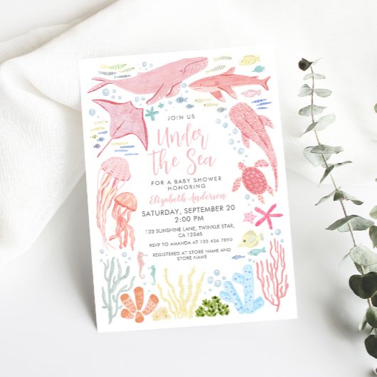 海の下でピンクの海のアニームス赤ちゃんシャワー 招待状