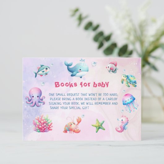 海の下でピンクの赤ちゃんシャワー本ベビー エンクロージャーカード (スタンド正面)