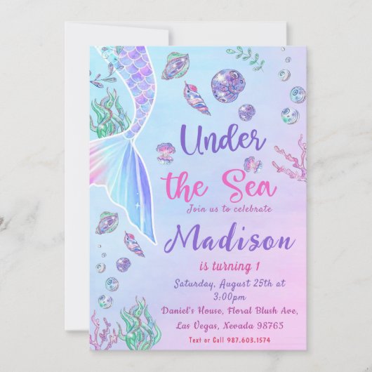 海の下でマーメイドの最初の誕生日パーティー 招待状 (正面)