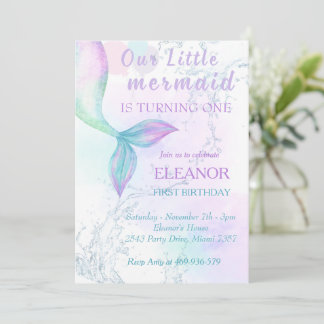 海の下でマーメイドの最初の誕生日マーメイドパーティー 招待状