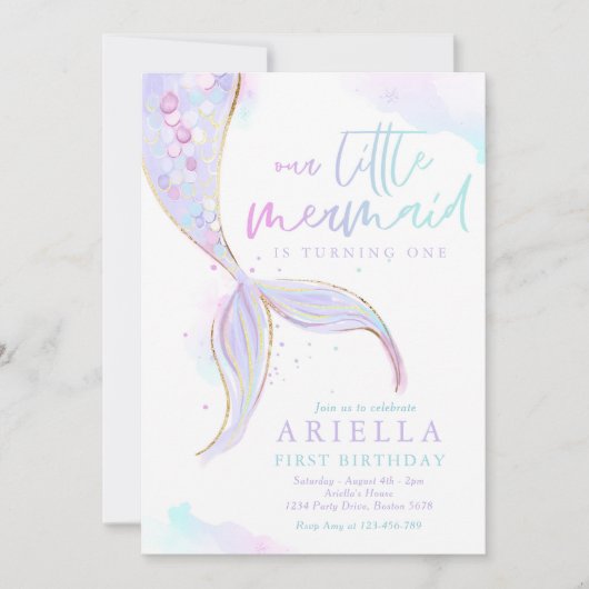 海の下でマーメイドの最初の誕生日マーメイドパーティー 招待状 (正面)